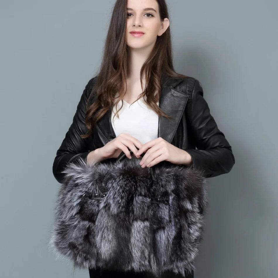 Real Fox Fur Large Size Plush Crossbody Luxury Handbags Fluffy Tote Bag