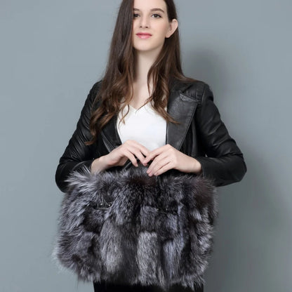 Real Fox Fur Large Size Plush Crossbody Luxury Handbags Fluffy Tote Bag