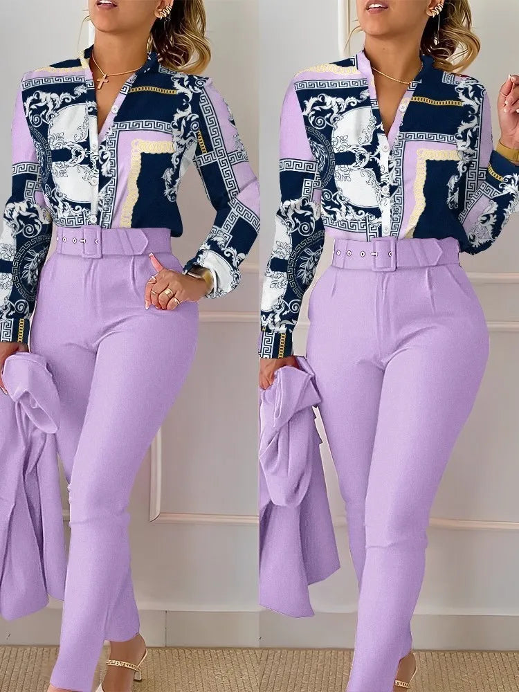 Floral Print Long Sleeve Shirt Pants Sets
