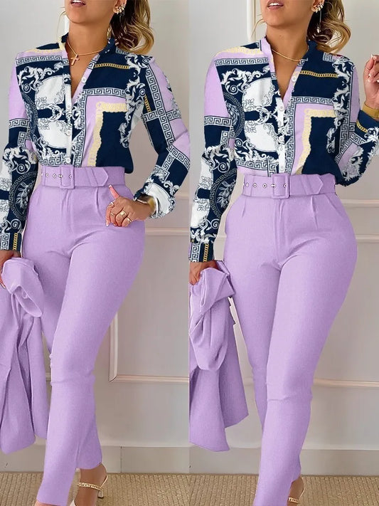 Floral Print Long Sleeve Shirt Pants Sets