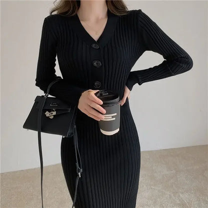 Elegant Long Slim Sweater Elastic Waist Hip Bottoming Korean Bodycon Dress