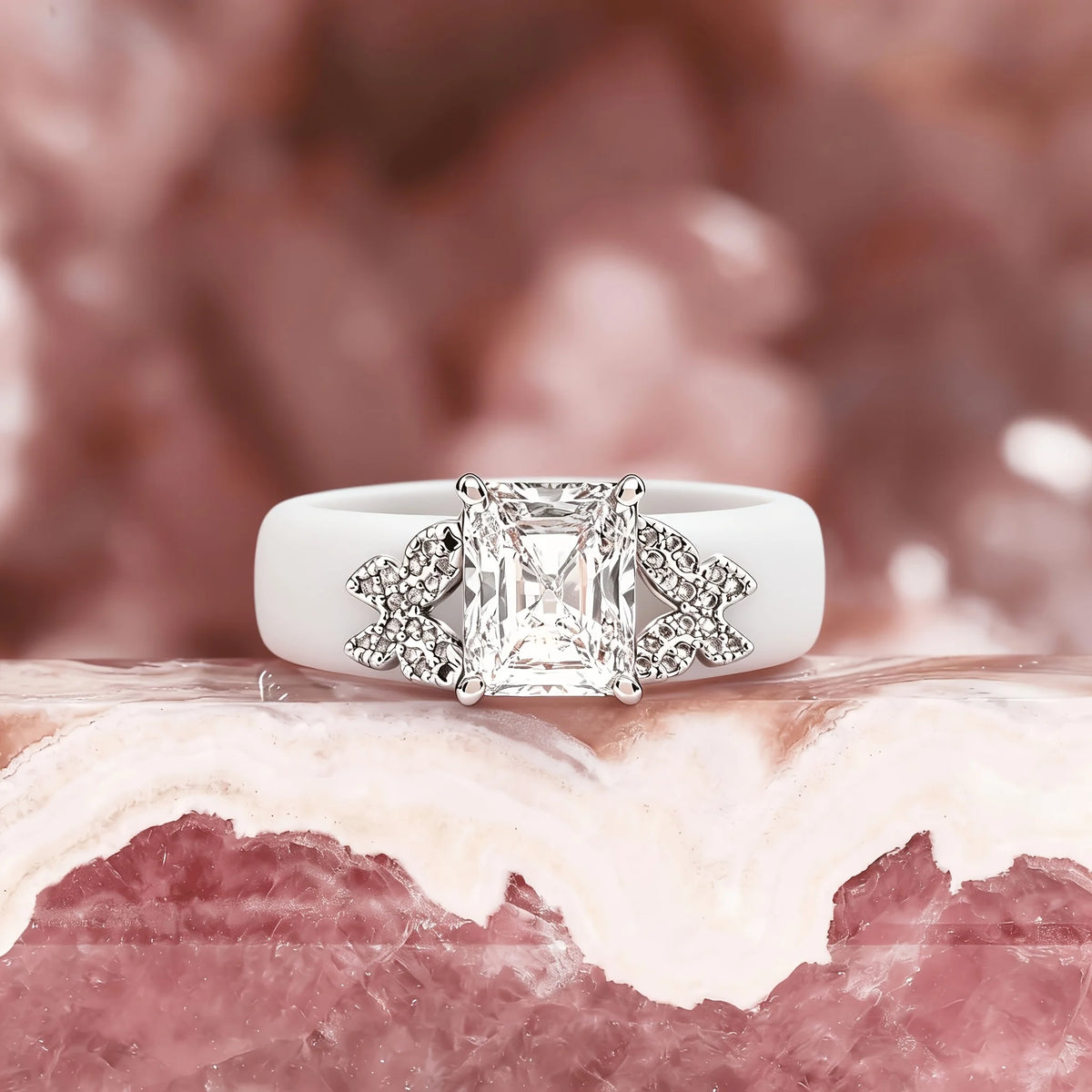 White Silicone Butterfly Side Stones Cut Square CZ Rings