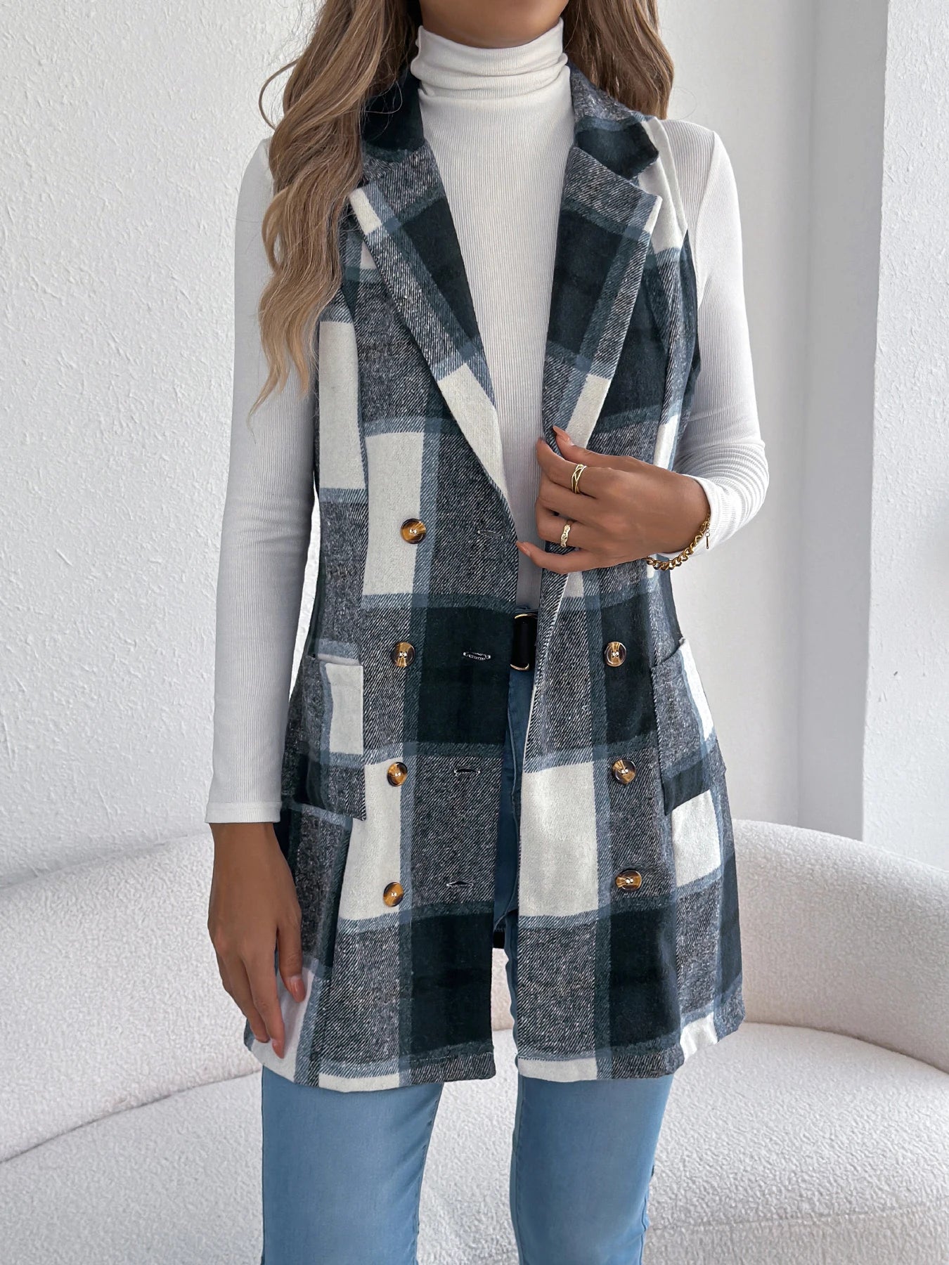 Lapel Double Breasted Plaid Vest Sleeveless Blazer
