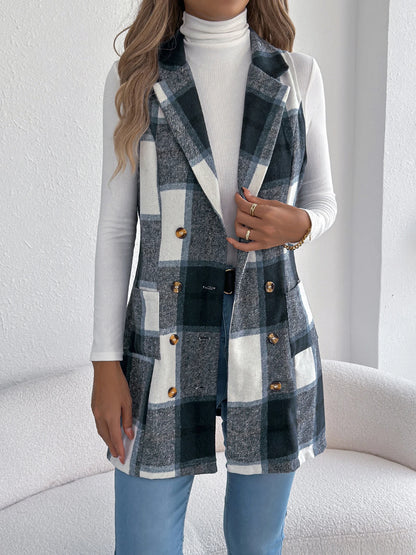 Lapel Double Breasted Plaid Vest Sleeveless Blazer