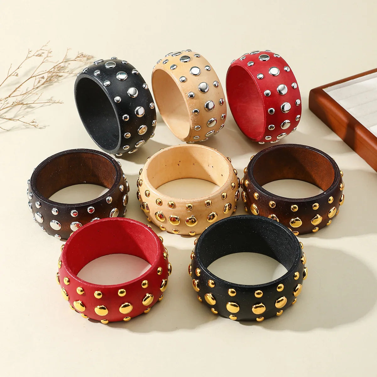 Exaggeration 8 Colors Round Geometric Wood Wide Bangles Bracelets