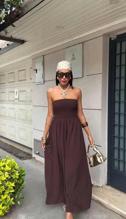 Off-Shoulder Strapless Waist-Cinching Long Dress