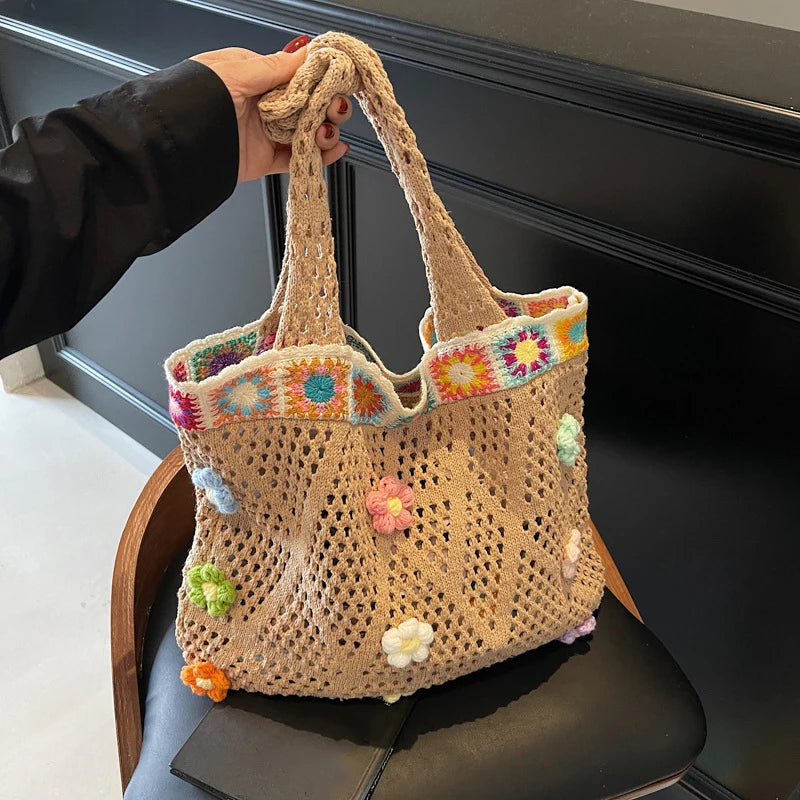 Flower Beach Tote Colorful Beads Floral Trim Natural Straw Crochet Shoulder Bag