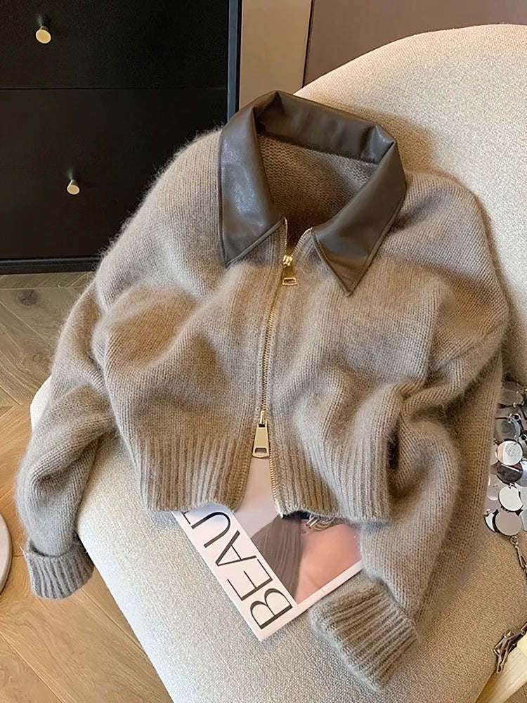 Zipper Cropped Cardigan 400g Thick Autumn Knitted Sweater Coat