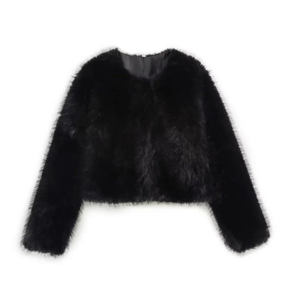 Faux fur Fall/Winter Effect Round Neck Long Sleeve Short Jacket