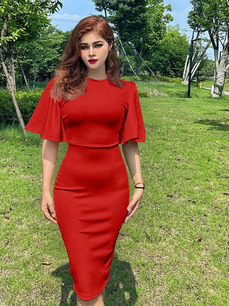 Half Sleeve Hips-Wrapped Slim Fit Midi Dress