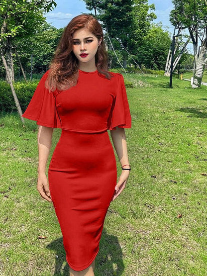 Half Sleeve Hips-Wrapped Slim Fit Midi Dress