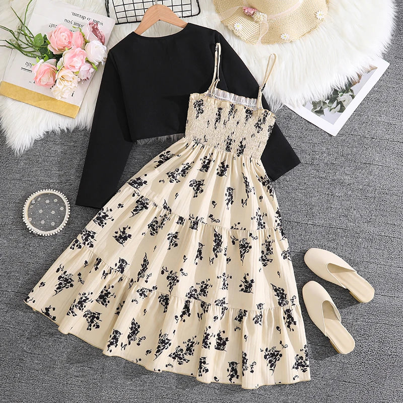 Kid Girl Long Sleeve Bow Sling Dress Set