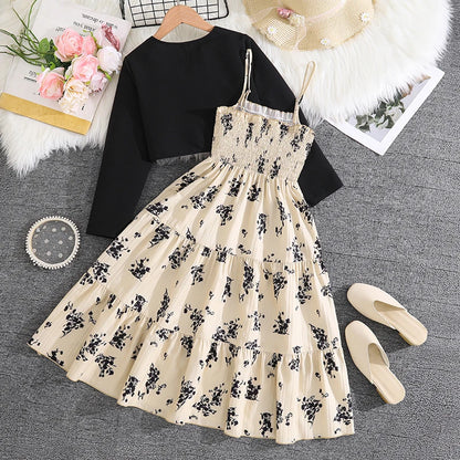 Kid Girl Long Sleeve Bow Sling Dress Set