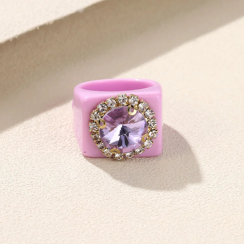 Colorful Rhinestone Geometric Square Large Punk Finger Rings