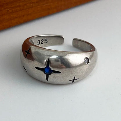 925 Sterling Silver Geometric Adjustable Wide Black Stone Retro Ring