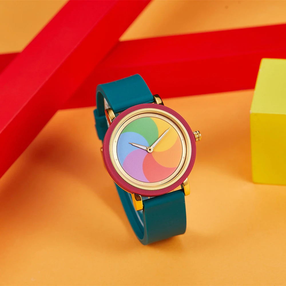 Rainbow rotating dial silicone strap watch