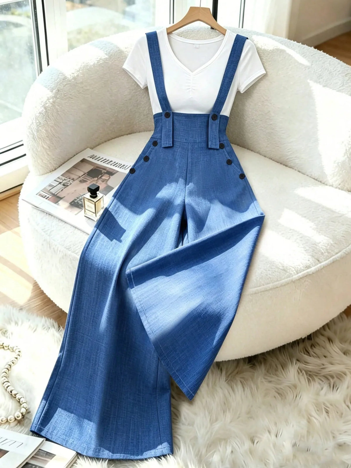 Casual Elegant Button Detail Wide Leg Pants Overalls