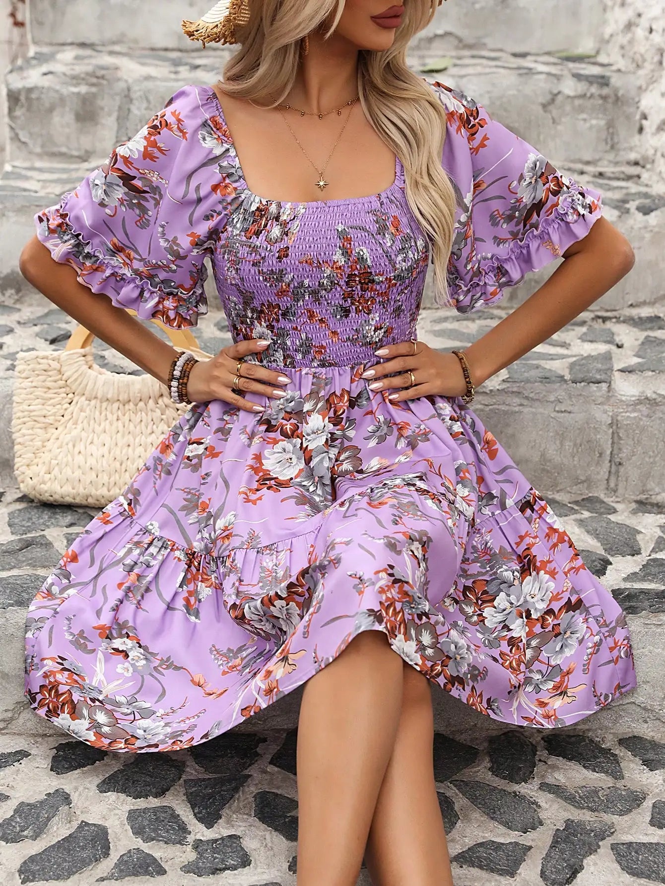 Boho Floral Print Square Neck Smocked Waist Ruffle Mini Dress