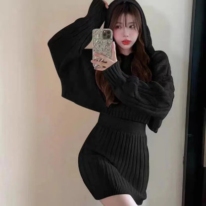 High Waist Hip Knitted Twist Outfits Autumn/Winter Elegant Hooded Pullover Sweater Set