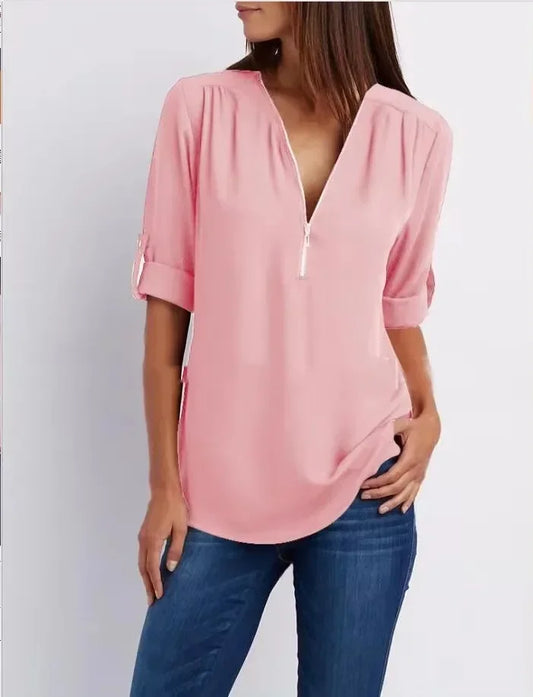 Loose Shirt Deep V Neck Chiffon Blouse
