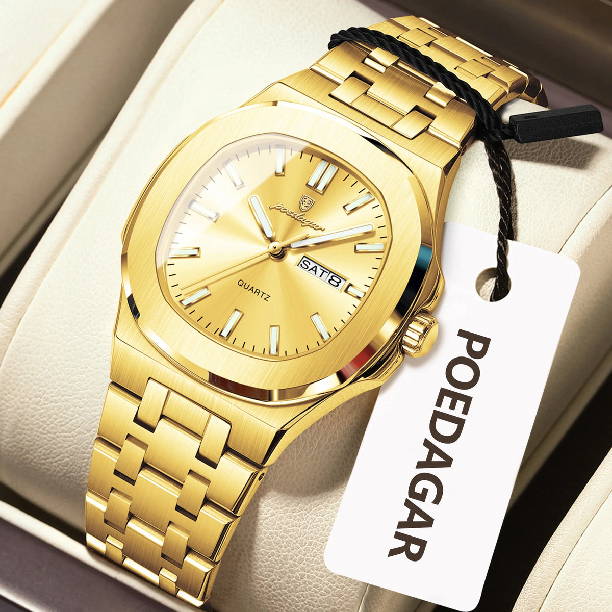 Square Date Week Waterproof Luminous Stainless Steel Quartz Watches