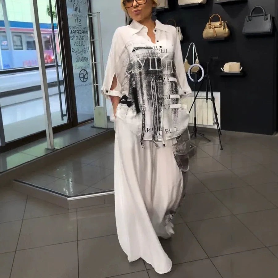 Long Sleeve Button Shirt & Wide Leg Pants Set