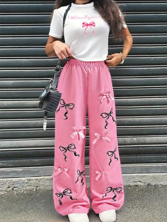 Letter-Print Short-Sleeve T-Shirt and Hot Pink Bow Wide-Leg Pants Set