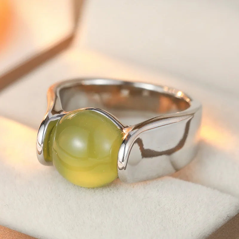 Inlaid Green Stone Aesthetic Silver Color Geometry Ring