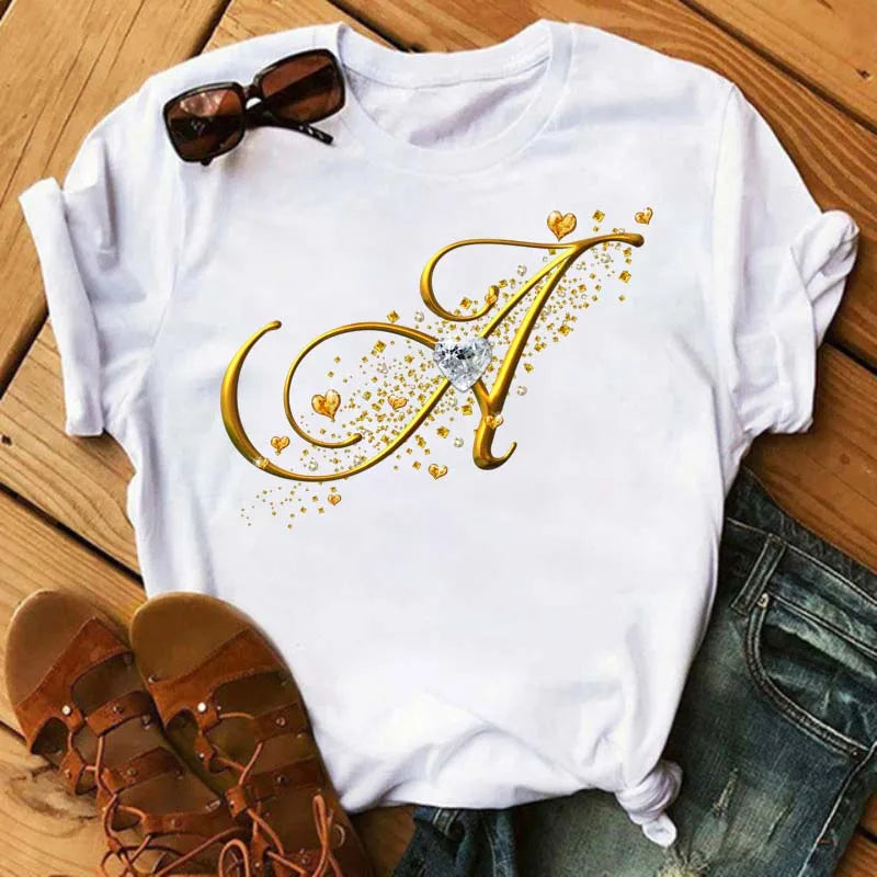 Custom Name Letter Diamond Gold Letter T-shirt