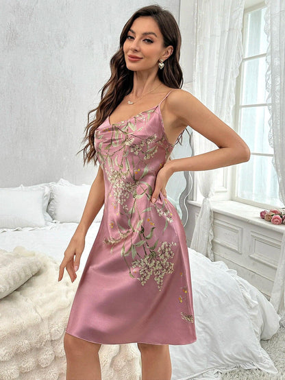 Floral Print Sexy V Neck Spaghetti Strap Sleep Dress