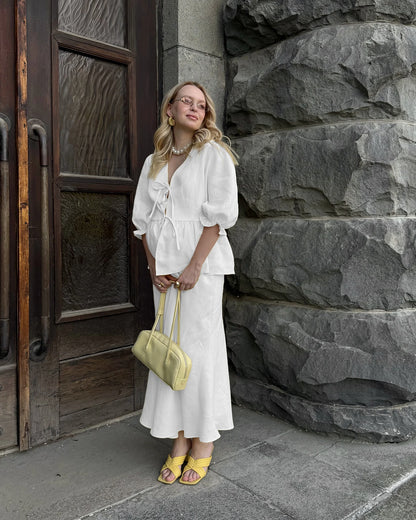 100% Cotton Bubble Sleeve Shirt  Long Skirt Set
