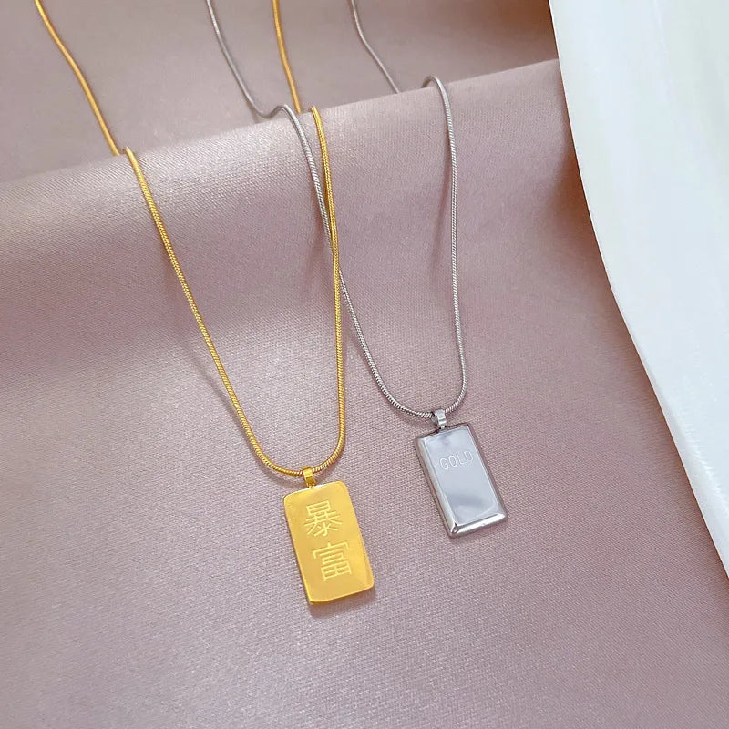 Bullion Bar Stainless Steel Golden Cube Brick Pendant Necklaces
