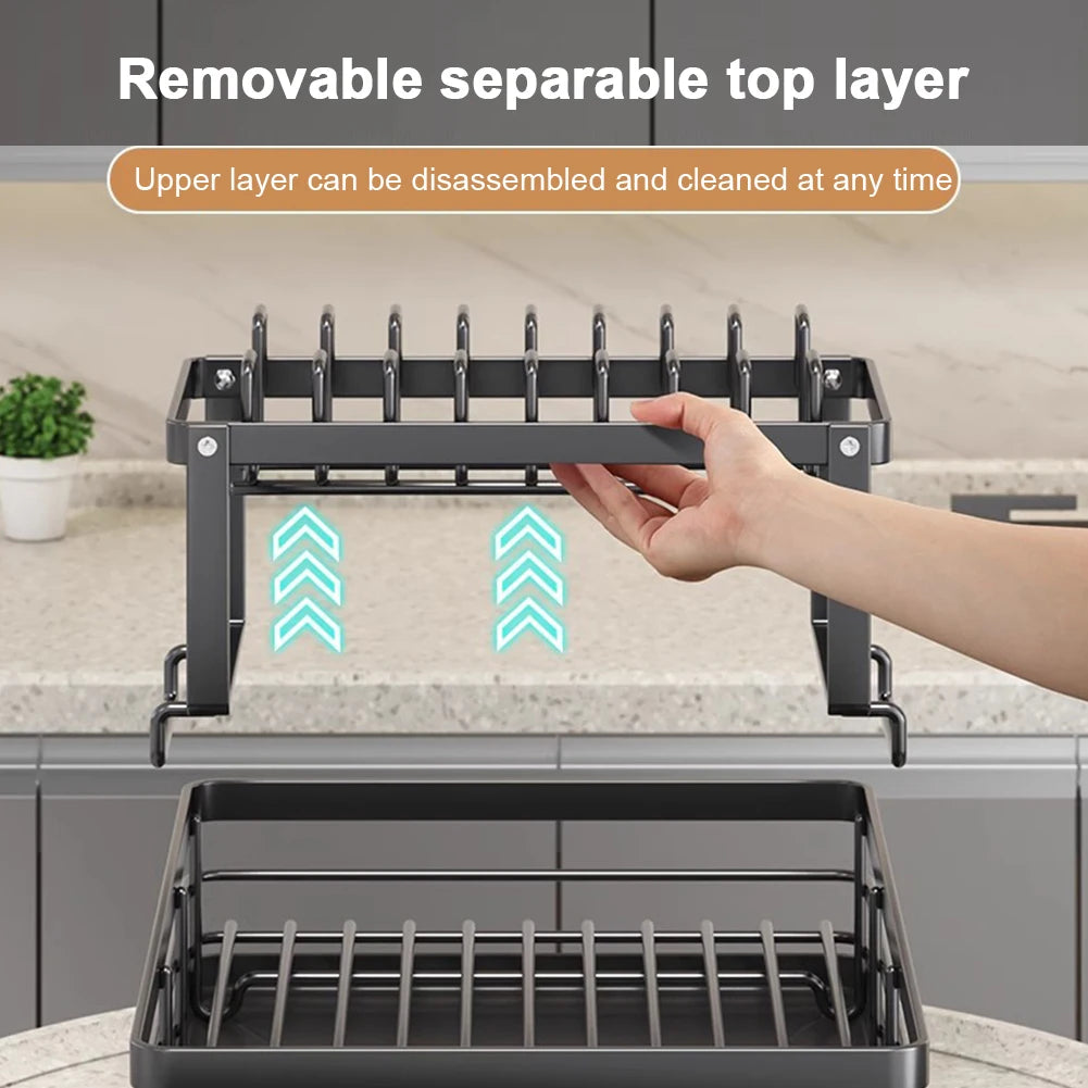 Adjustable Steel 2 Tier Plates Organizer Dish Bowl Drainer