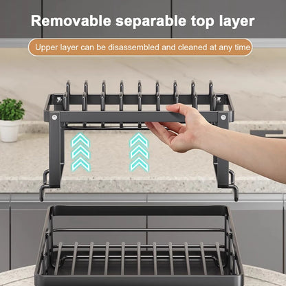 Adjustable Steel 2 Tier Plates Organizer Dish Bowl Drainer