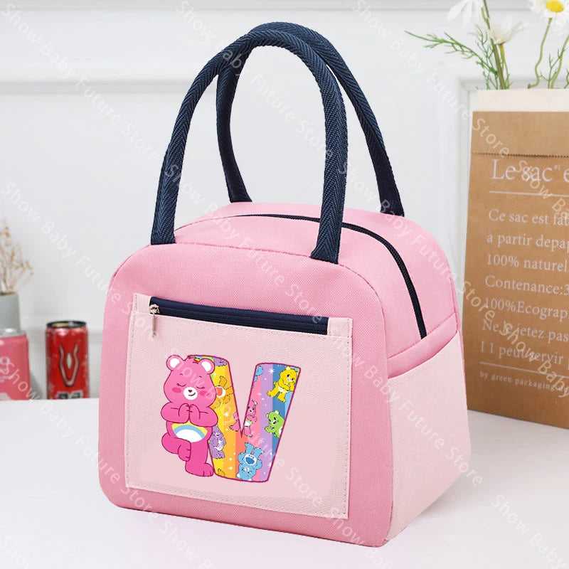 Care Bears Lunch Bag Thermal Cooler Cute Cartoon Letter A-Z Lunch Box Large Capacity