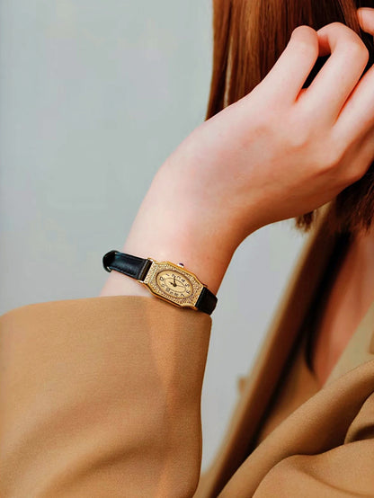 Gold French retro style waterproof quartz leather strap watch