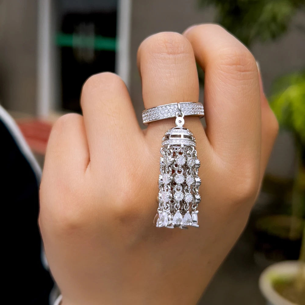 Luxury Chunky Cubic Zirconia Paved Long Dangle Drop Tassel Charm Rings