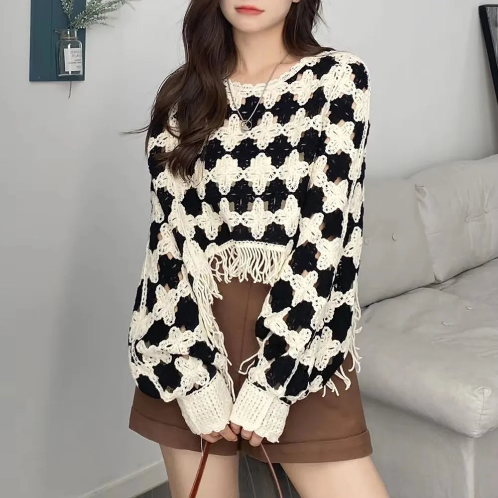 Granny Square Top Fringed Crochet Knitted Top Batwing Sleeve Pullover Sweater