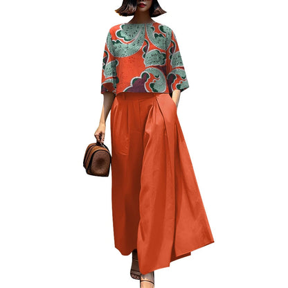 3/4 Sleeve Blouse Trousers Suits Wide Leg Pants Sets
