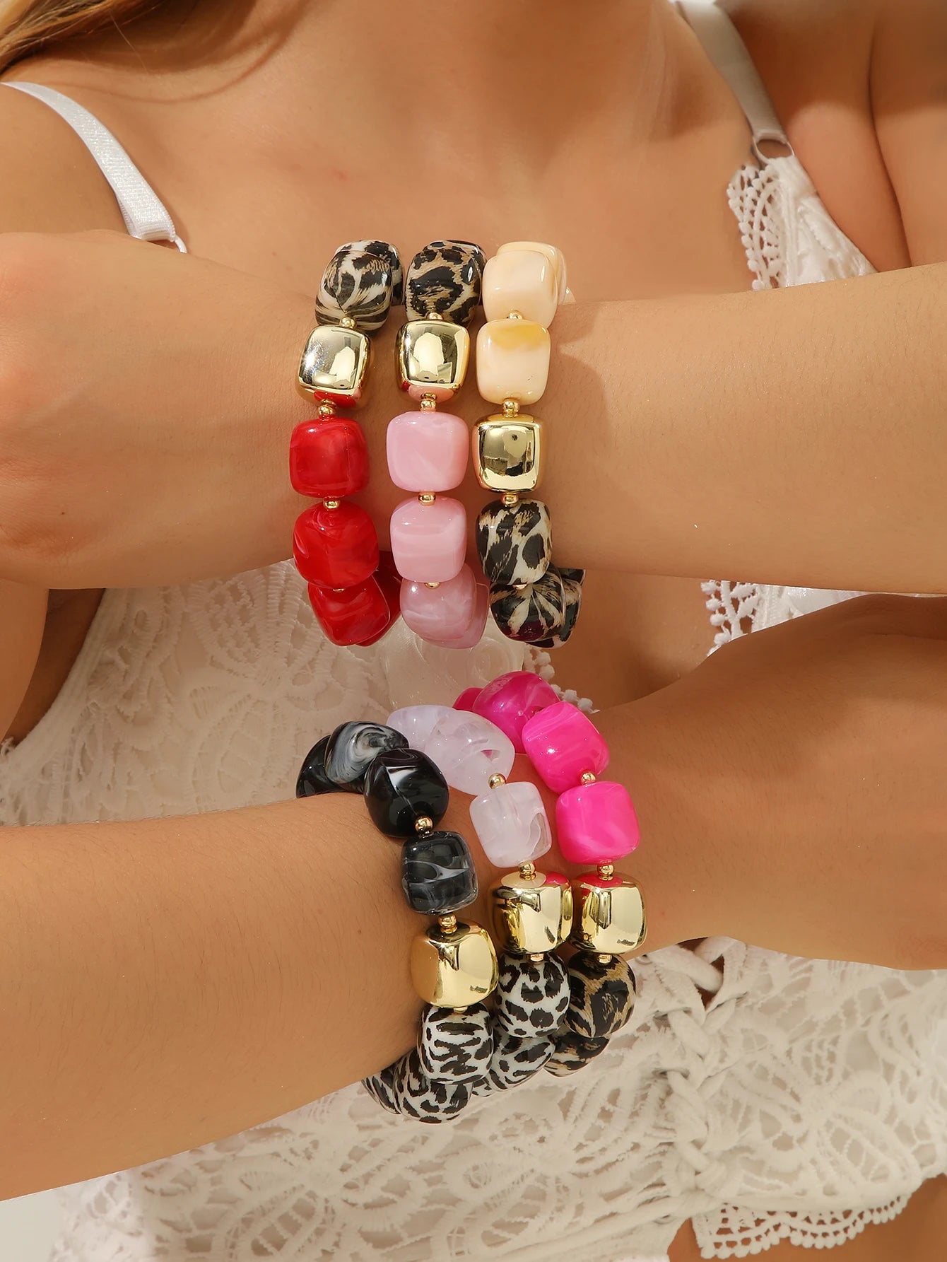 Leopard Print Acrylic Bold Multi color Marbled Resin Bead Large Gold Spacers Bracelets