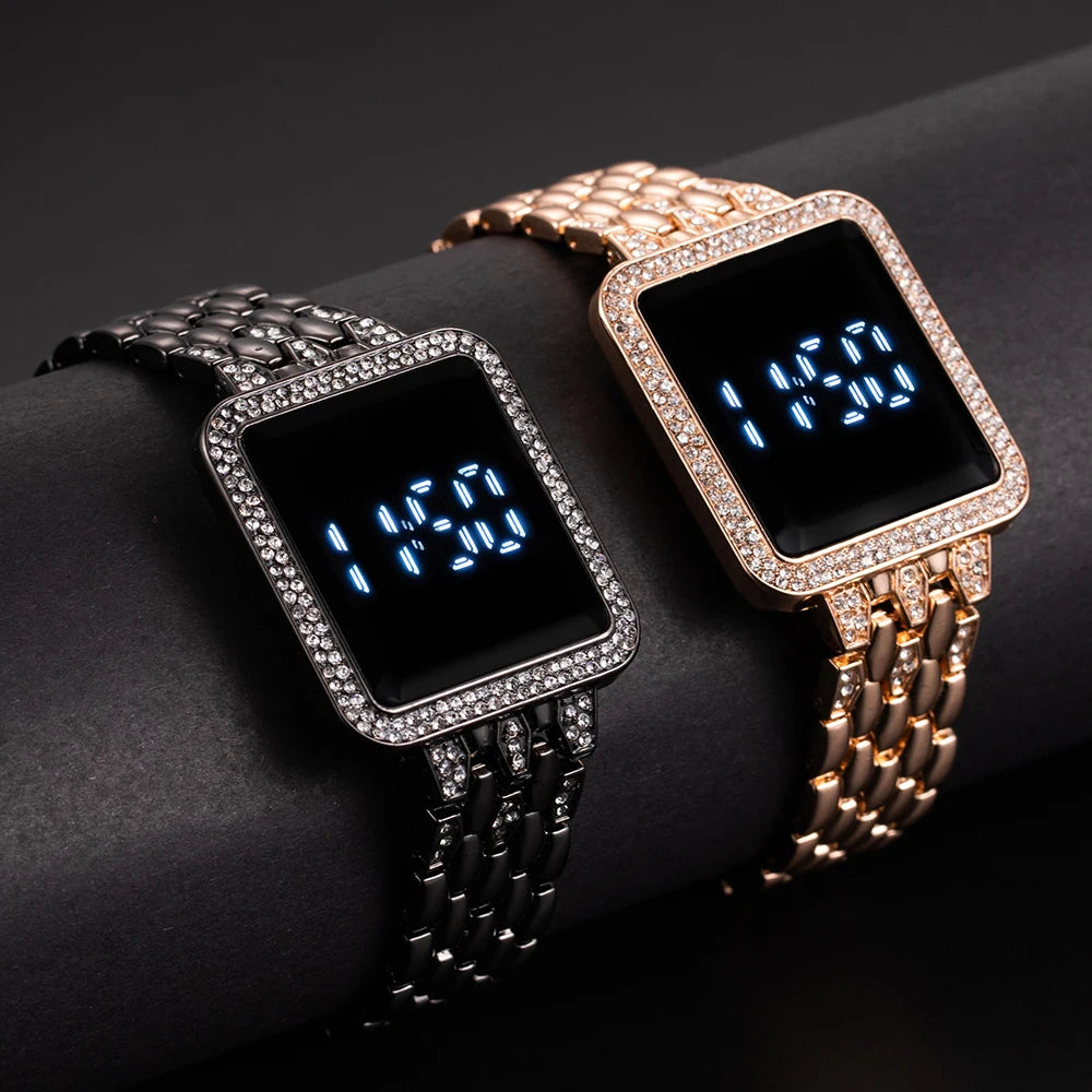 Luxury Rhinestone Digital Steel Electronic Wristwatches