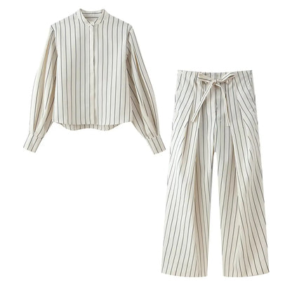 Chic Striped Suit Single Breasted Loose Wide Leg Long Pants