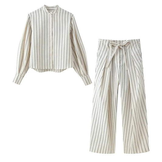 Chic Striped Suit Single Breasted Loose Wide Leg Long Pants
