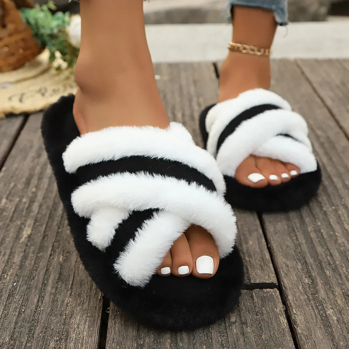 Furry Home Fluffy Light Cross Flip Flops Soft Slippers