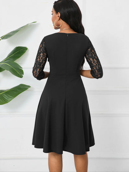 Vintage Floral Lace Square Neck High Waist Medium Sleeve Slim Flared Dress
