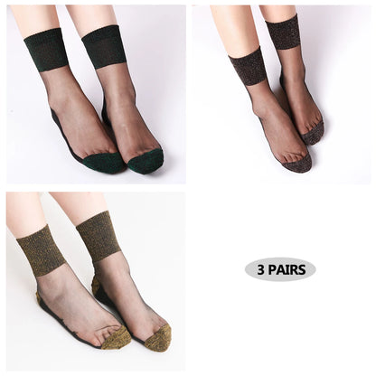 3 Pairs Ultrathin Transparent Glitter Crystal Glass Silk Socks