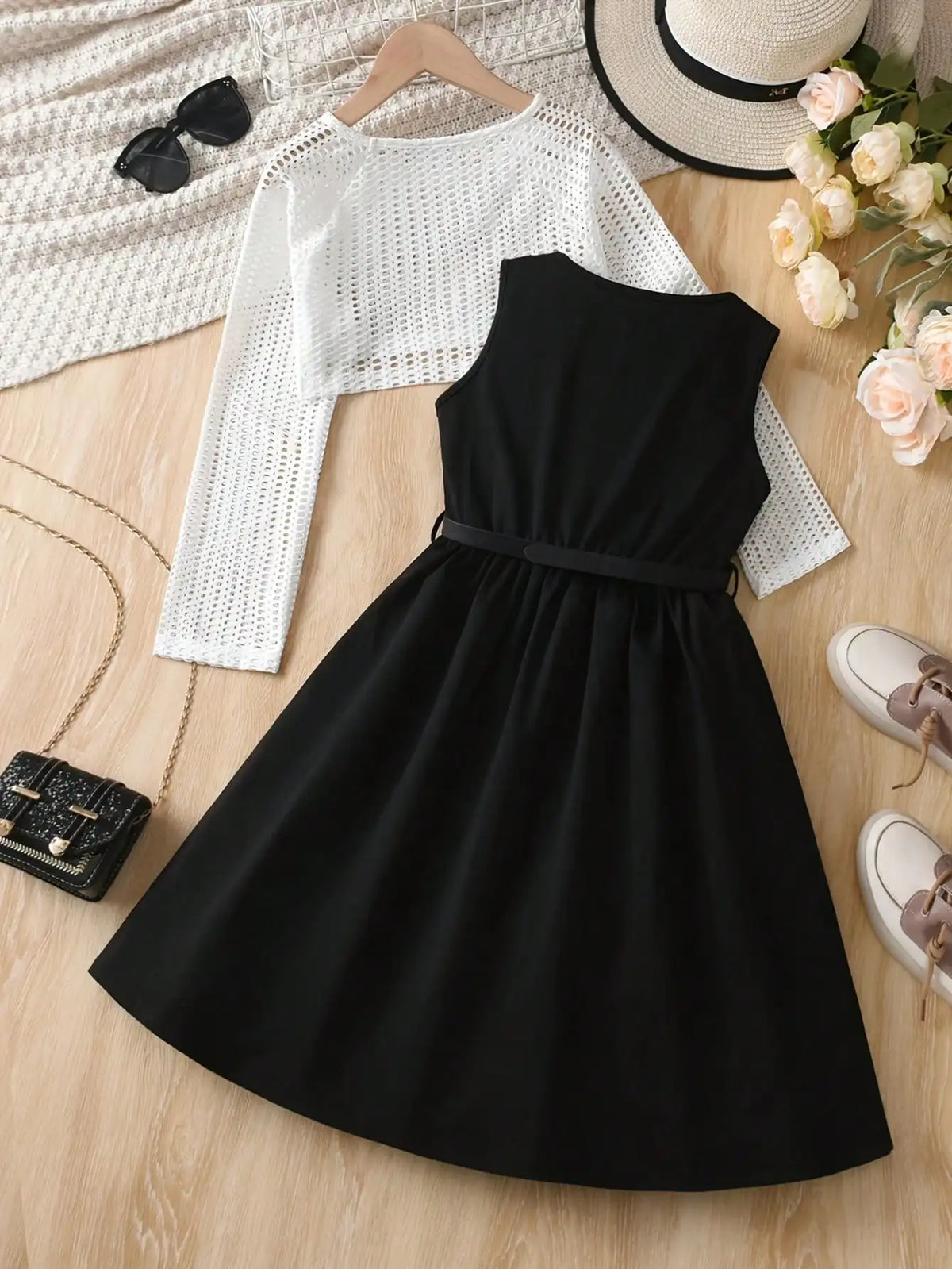 Round Neck Long Sleeved Top + Round Neck Sleeveless Dress Set