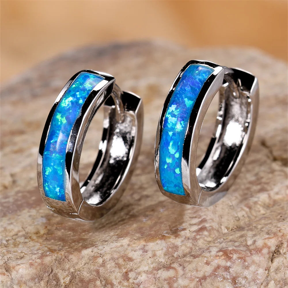 White Blue Opal Classic Small Round Circle Hoop Earrings