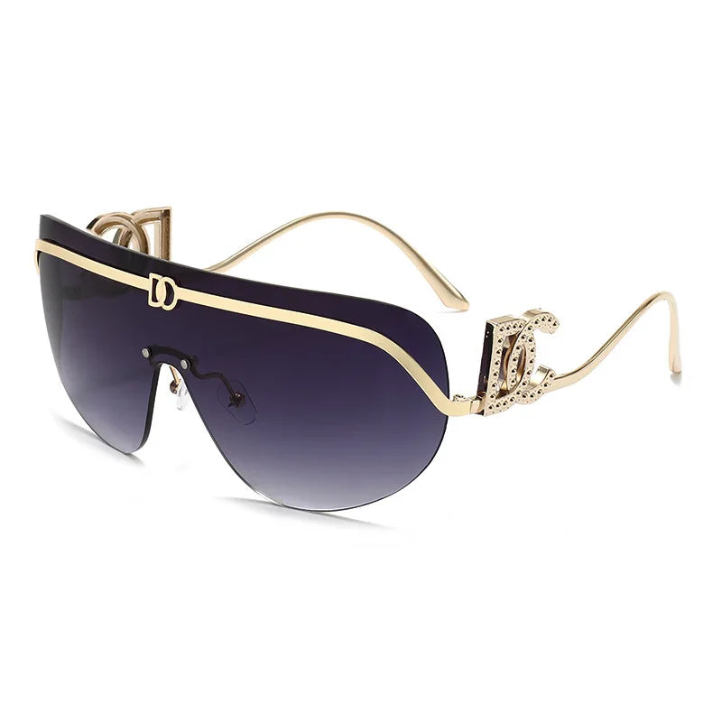 Rimless Shield Aviator Gold Metal Frame Sunglasses