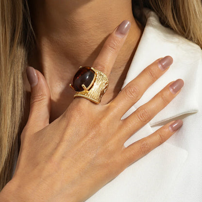 Rock Punk Hip Hop Vintage Elegant Black Brown Shading Resin Stone Chunky Metal Ring